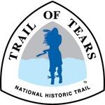 Triangle Trail of Tears sign logo featuring the silhouette of a Native American in blue