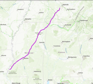 Screenshot of the Natchez Trace Parkway route in pink.