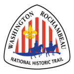 W3R Logo triangle logo with vertical white and red stripes, a yellow fleur de lis, and the silhoueets of two colonial men on horseback