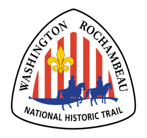 W3R Logo triangle logo with vertical white and red stripes, a yellow fleur de lis, and the silhoueets of two colonial men on horseback