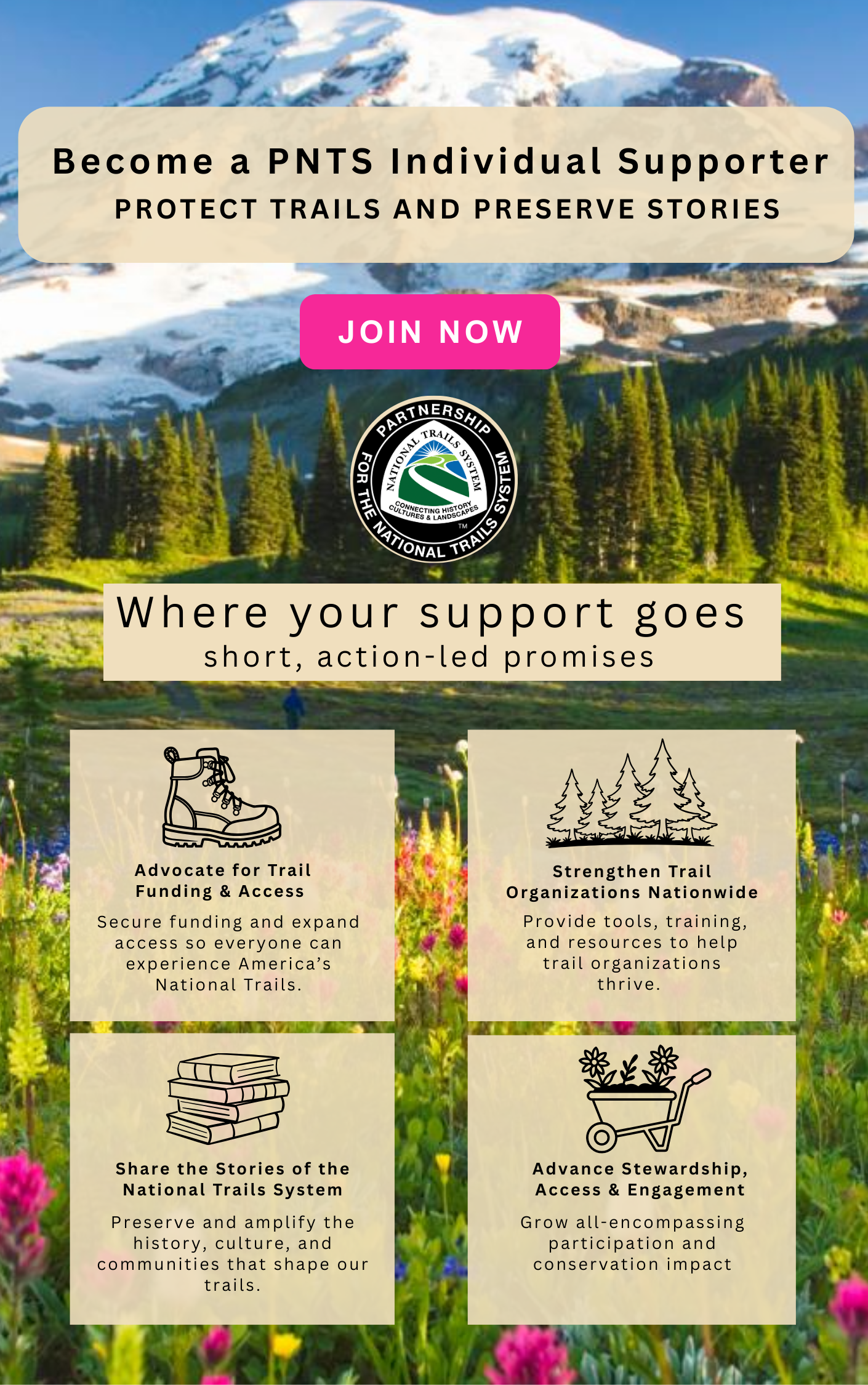 Become a PNTS Individual supporter. Protect trails and preserve stories. 