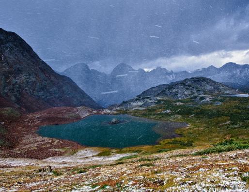 Snowstorm in the middle of a mountain range