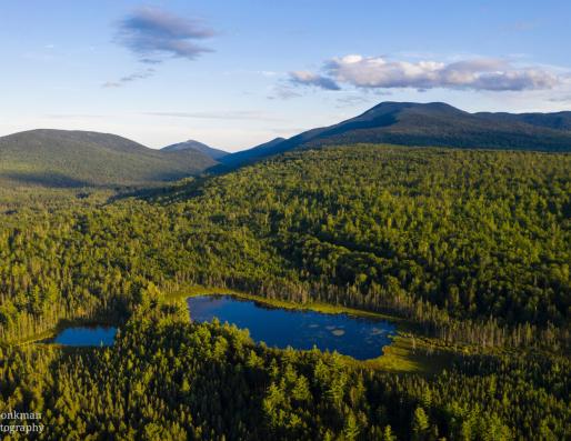 An aerial view of York Pond looking towards Grafton Notch in Grafton Township, Maine