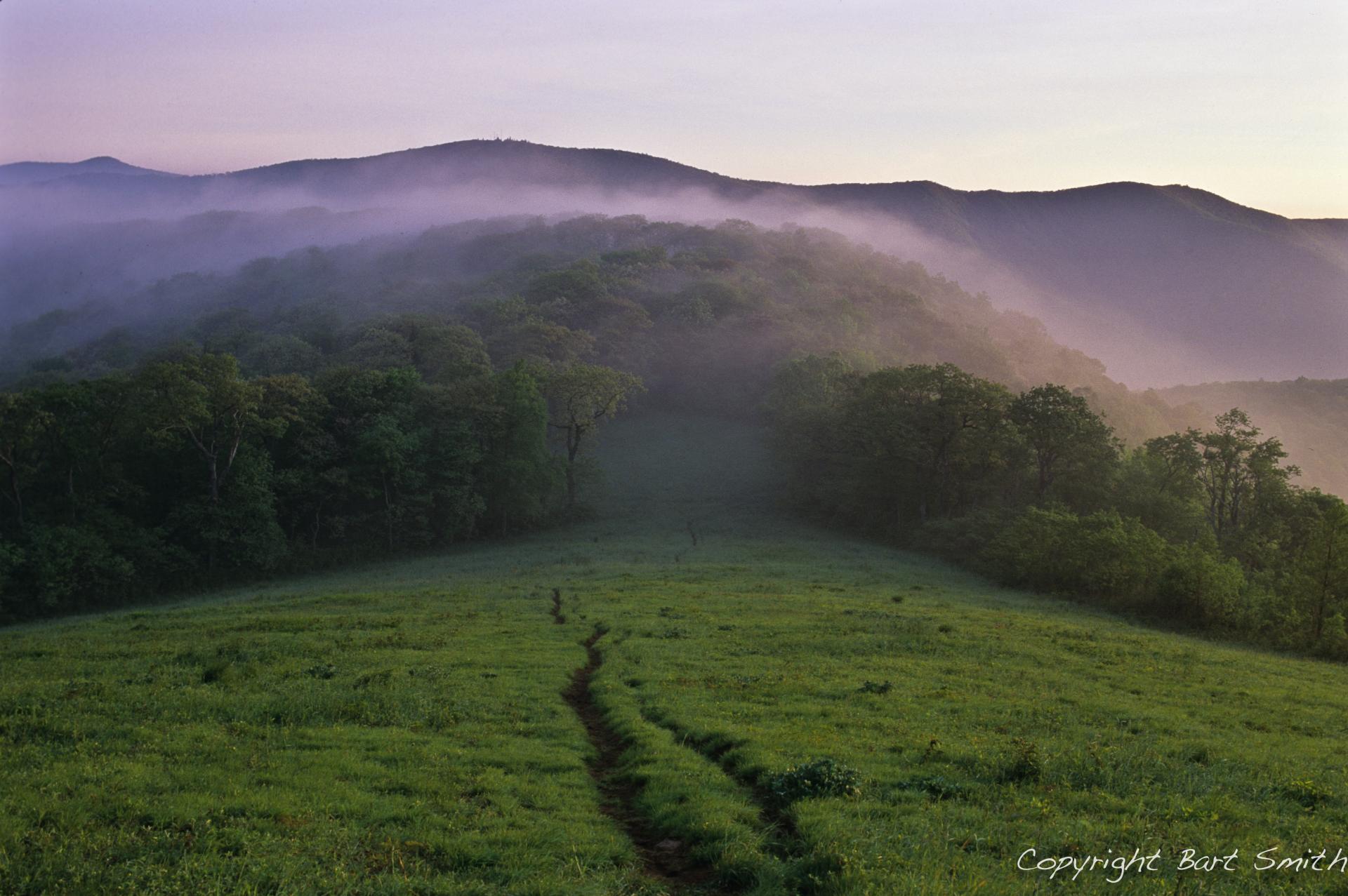 Trail leading to a mountain. Fog settling over the mountain.