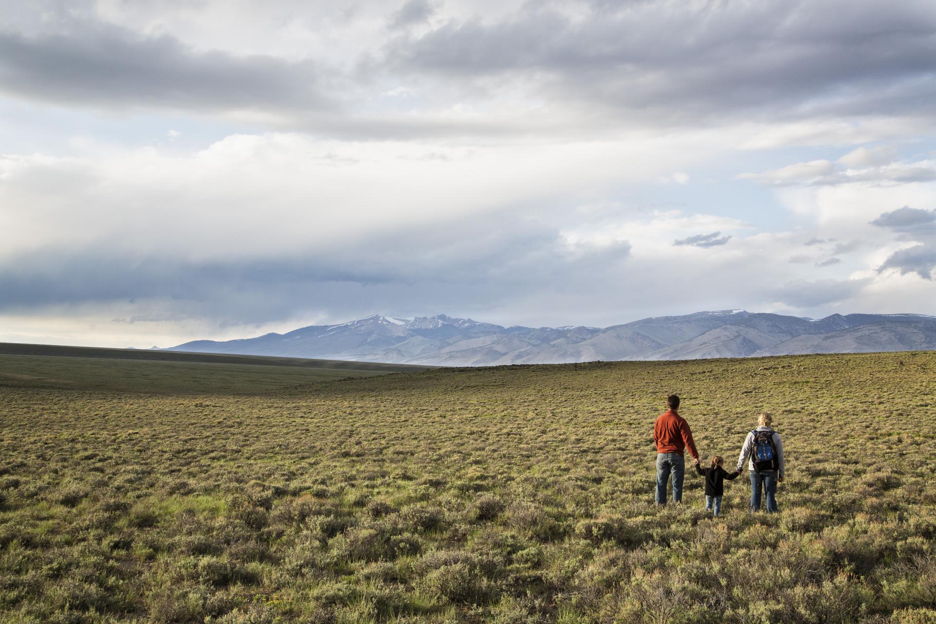 Family walking through a field with cloudy skies above