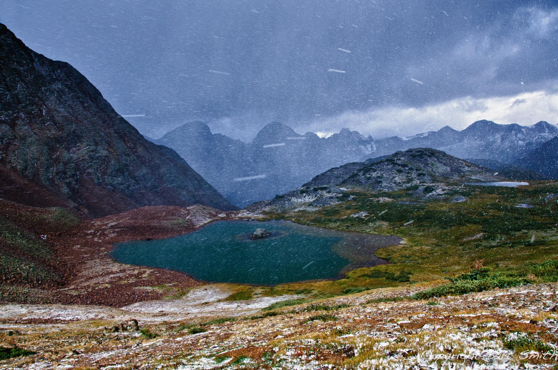 Snowstorm in the middle of a mountain range