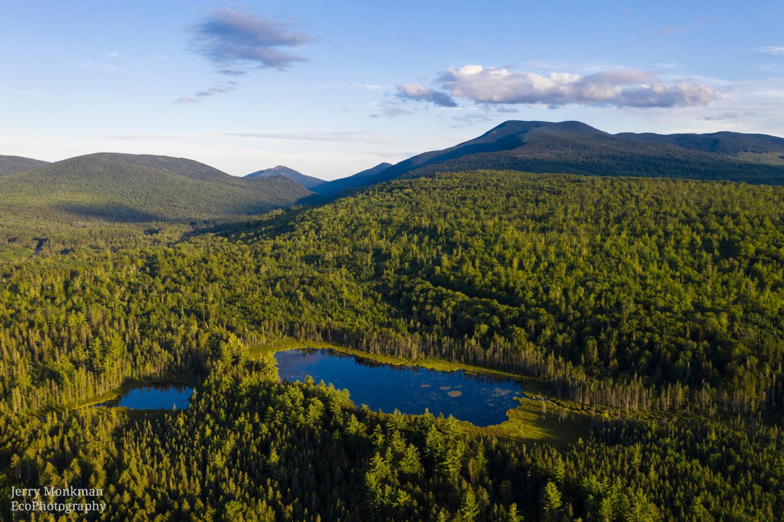 An aerial view of York Pond looking towards Grafton Notch in Grafton Township, Maine